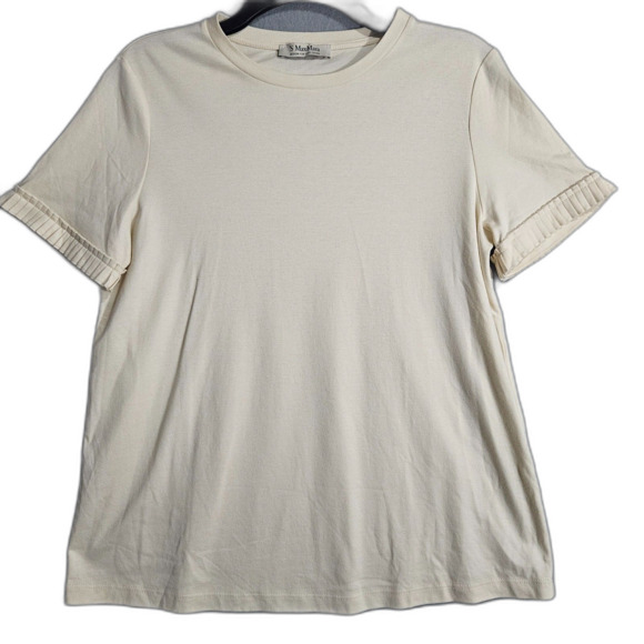 Auth S MaxMara Ruffle T-Shirt Cream Women's Medium Cream Bone Designer Tee - Picture 1 of 7